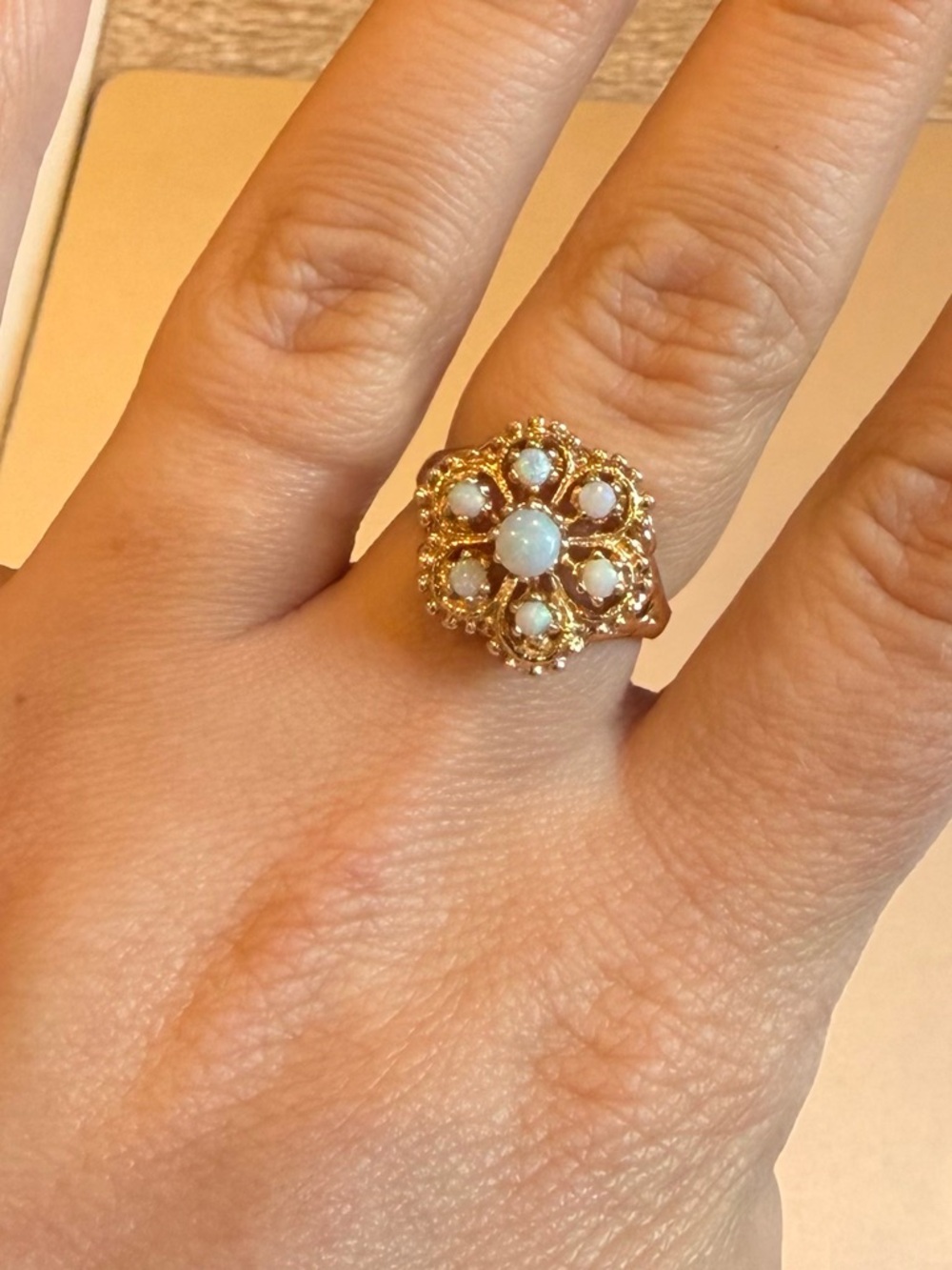 14K Vintage Yellow Gold Opal Floral Cluster Ring